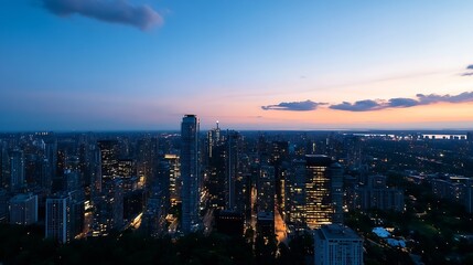 Poster - Stunning panoramic view of a vibrant city skyline illuminated during twilight hours : Generative AI