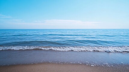 Poster - Serene Ocean Waves Gently Lapping at a Sandy Beach Under a Clear Blue Sky : Generative AI
