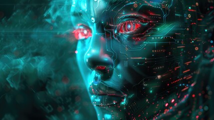 Poster - Science fiction picture of high tech robots for chat bot program, assistance technology about information with deep learning. Futuristic artificial innovative machine assist with intelligence. AIG53.