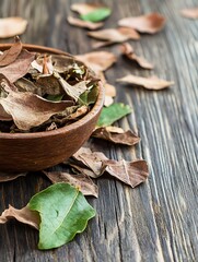 Aufkleber - Natural Dried Leaves in a Bowl on Rustic Wooden Table Capturing Earthy Tones and Textures : Generative AI