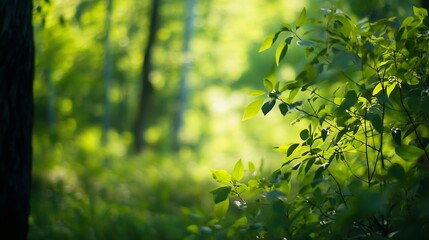 Poster - Lush Green Forest Scene Bathed in Soft Natural Light Creating a Peaceful Atmosphere : Generative AI