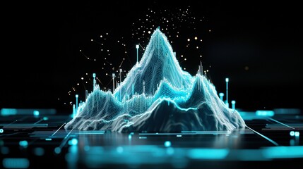 Poster - Captivating 3D data visualization depicts a mountain-like structure with glowing peaks, representing digital analytics in a futuristic, high-tech environment.