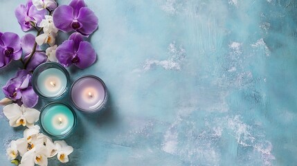 Aufkleber - Serene Arrangement of Colored Candles Surrounded by Vibrant Orchids on Textured Blue Background : Generative AI