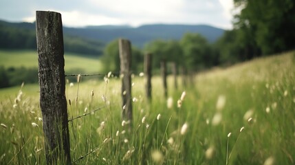 Poster - Scenic View of Wooden Fence Posts in a Grassy Field with Mountains in Background : Generative AI