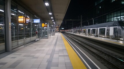 Aufkleber - Quiet night at the train station showcasing modern railway platforms and illuminated signboards : Generative AI