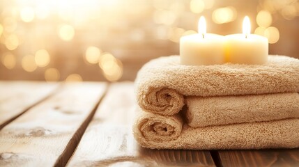 Aufkleber - Relaxing Spa Setting with Soft Towels and Lit Candles for Tranquil Ambiance : Generative AI