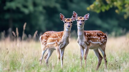 Aufkleber - Two beautiful spotted deer standing gracefully in a sunny meadow surrounded by lush grass and trees : Generative AI