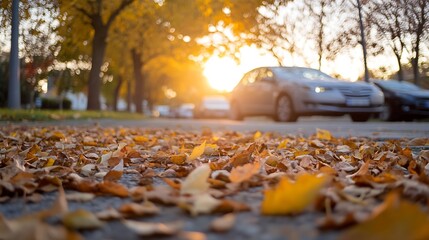 Wall Mural - Sunset view of a busy street covered in fallen leaves creating a picturesque autumn scene : Generative AI