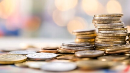 Poster - Close-up of Stacked Coins with a Blurry Background Ideal for Finance and Savings Concepts : Generative AI