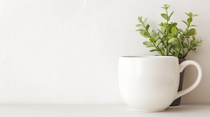 Poster - Minimalist home decor featuring a beige cup and potted green plant on a simple table : Generative AI