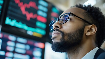Poster - Thoughtful business professional analyzing stock market data on digital screens : Generative AI