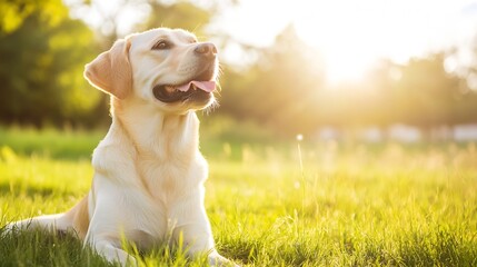 Poster - Happy Labrador Dog Enjoying Sunshine While Lying on Green Grass in a Lush Outdoor Environment : Generative AI