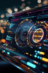 Poster - A vibrant digital interface depicting a futuristic design with dynamic patterns and bright elements. Ideal for technology and innovation themes.