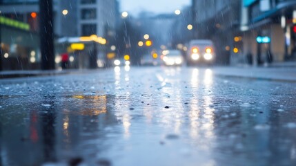 Aufkleber - Urban street scene captured during rain showcasing reflective water puddles and city lights : Generative AI