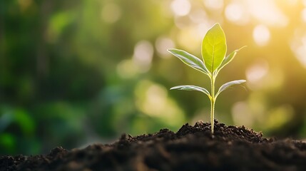 Aufkleber - Fresh Green Seedling Sprouting from Rich Brown Soil Under Warm Sunlight Indicating New Beginnings : Generative AI