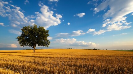 Aufkleber - Lone tree in a golden wheat field under a blue sky with clouds : Generative AI
