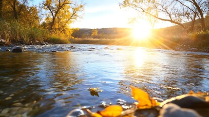 Aufkleber - Serene sunset reflecting on calm river waters surrounded by golden autumn leaves : Generative AI