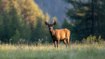Poster - Graceful deer standing in a lush green forest clearing surrounded by vibrant nature at dawn : Generative AI