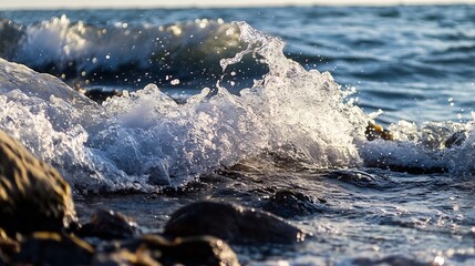 Poster - Dynamic Ocean Waves Crashing Against Rocks in a Beautiful Seascape at Sunset : Generative AI