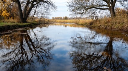 Poster - Tranquil river reflecting autumn trees creating a serene landscape filled with golden colors : Generative AI