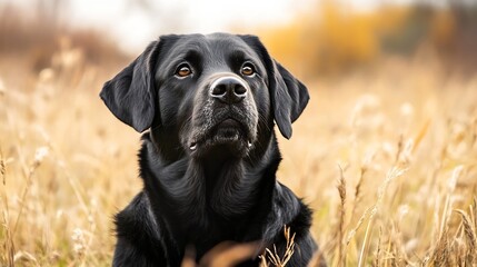 Poster - Loyal Black Labrador Retriever Sitting Proudly in a Beautiful Autumn Field : Generative AI