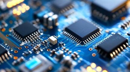 Fototapete - Close Up of Circuit Board with Microchips and Electrical Components on Blue Background : Generative AI