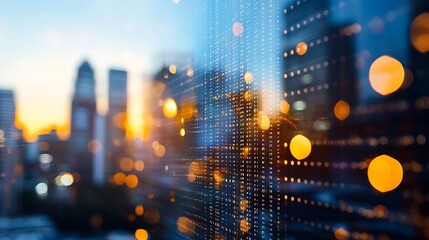 Poster - Cityscape Reflection with Bokeh Lights at Sunset for Urban Photography : Generative AI