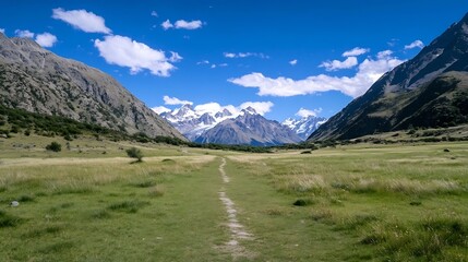 Poster - Breathtaking view of mountains under a clear blue sky with lush green meadow and scenic path inviting adventure : Generative AI