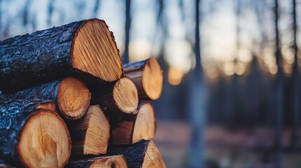 Poster - Warmly lit stack of freshly cut logs resting on the forest floor surrounded by nature : Generative AI