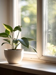 Poster - Indoor plant thriving by a window where soft sunlight gently illuminates the leaves and surroundings : Generative AI