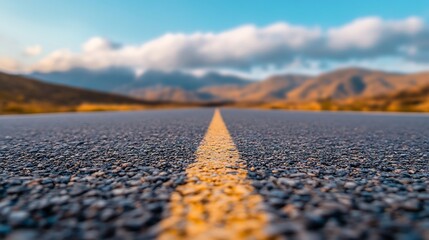 Poster - Closeup view of an empty road leading into scenic mountains under a bright blue sky : Generative AI