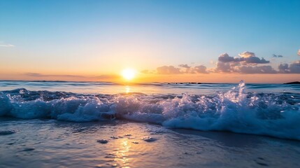 Poster - Gentle waves washing ashore during vibrant sunset on a tranquil beach : Generative AI