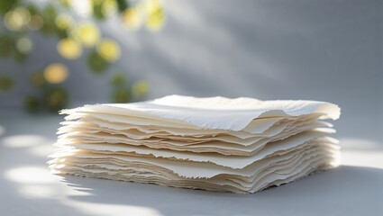 Poster - Craft paper stacked neatly under soft natural light in a serene workspace environment