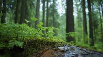 Poster - Lush green forest floor covered in ferns and moss with towering trees in the background : Generative AI