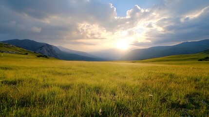 Poster - Breathtaking Sunrise Over Lush Green Hills and Open Fields Showcasing Natural Beauty : Generative AI