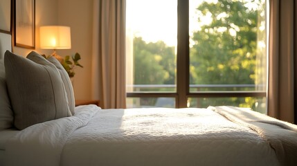 Aufkleber - A Cozy Sunlit Bedroom with Soft Bedding and Inviting Views of Nature Outside the Window : Generative AI