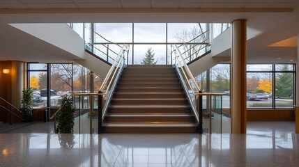 Poster - Elegant modern staircase design featuring large windows and a bright airy atmosphere in a stylish building : Generative AI