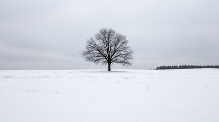 Poster - Stark winter landscape featuring a solitary bare tree surrounded by a blanket of snow against a dramatic cloudy sky : Generative AI