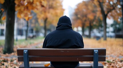 Poster - A Lonely Individual Sitting on a Park Bench Surrounded by Lush Autumn Leaves : Generative AI