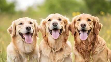 Poster - Three happy golden retrievers sitting in a field enjoying a sunny day together with playful expressions : Generative AI