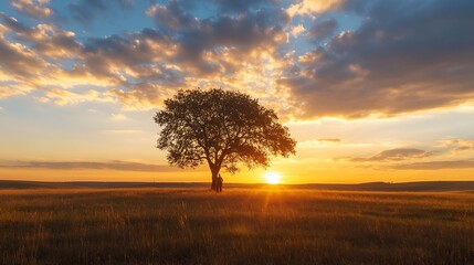 Poster - Stunning sunset with a solitary tree silhouetted against the horizon in an open field : Generative AI