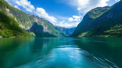 Poster - Breathtaking view of a tranquil blue lake surrounded by towering green mountains and clouds : Generative AI