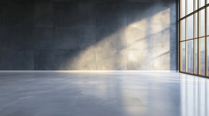 Leinwandbilder - Contemporary empty room with polished floor and warm sunlight streaming through large windows on a concrete wall : Generative AI
