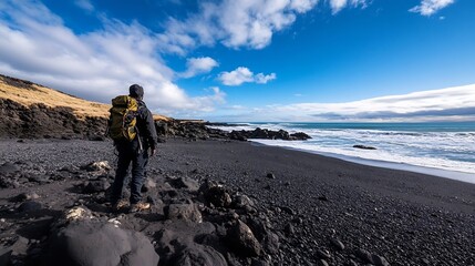 Poster - Adventurous man standing on a black sand beach gazing at the ocean under a dramatic blue sky : Generative AI
