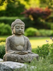 Aufkleber - Peaceful Stone Buddha Statue Surrounded by Lush Greenery and Tranquil Garden Atmosphere : Generative AI
