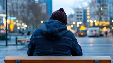 Poster - A lone individual sitting on a bench at dusk with city lights glowing in the background : Generative AI