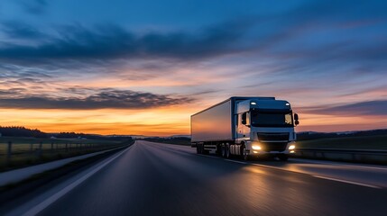 Poster - Dynamic Nighttime Shot of a Truck Driving on the Highway at Dusk : Generative AI