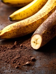 Poster - Ripe Bananas on Table with Ground Coffee Next to Sliced End for Flavorful Beverages : Generative AI