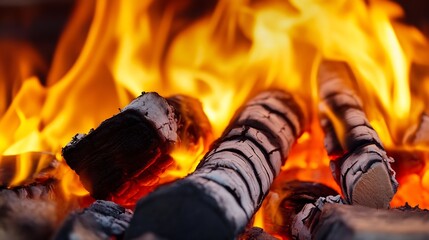 Fototapete - Close Up of Burning Firewood with Flames Creating a Warm and Inviting Scene : Generative AI