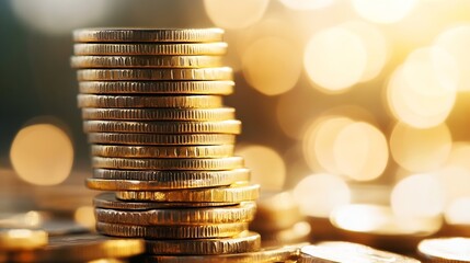 Aufkleber - Stacked coins glimmering in soft light presenting an intriguing view of wealth and finance in modern life : Generative AI